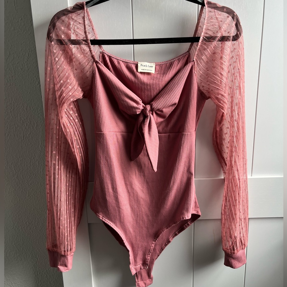 Rosey Mauve bodysuit with sheer sleeves and tie front